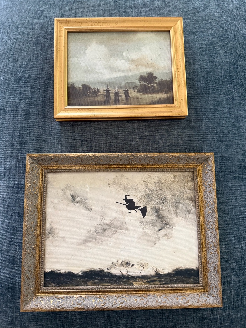 Witch painting Two-Piece Framed Wall Art Set in Gold and Black Halloween Art